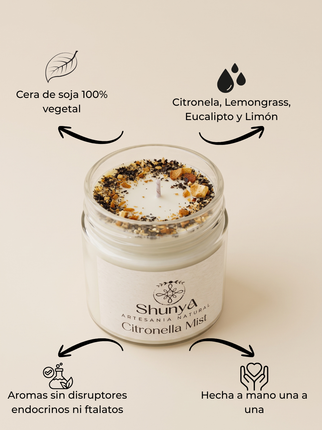Vela aromática de verano con citronela, limón y eucalipto – repelente natural sin tóxicos. Ficha beneficios