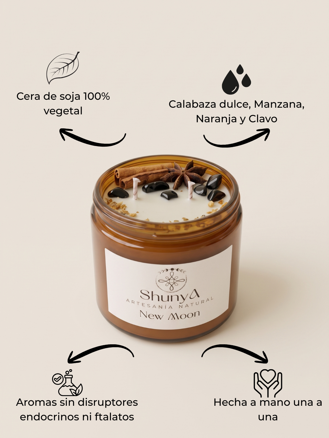 Vela aromática artesanal New Moon de cera de soja ecológica, hecha a mano, perfecta para nuevos comienzos. Ficha beneficios