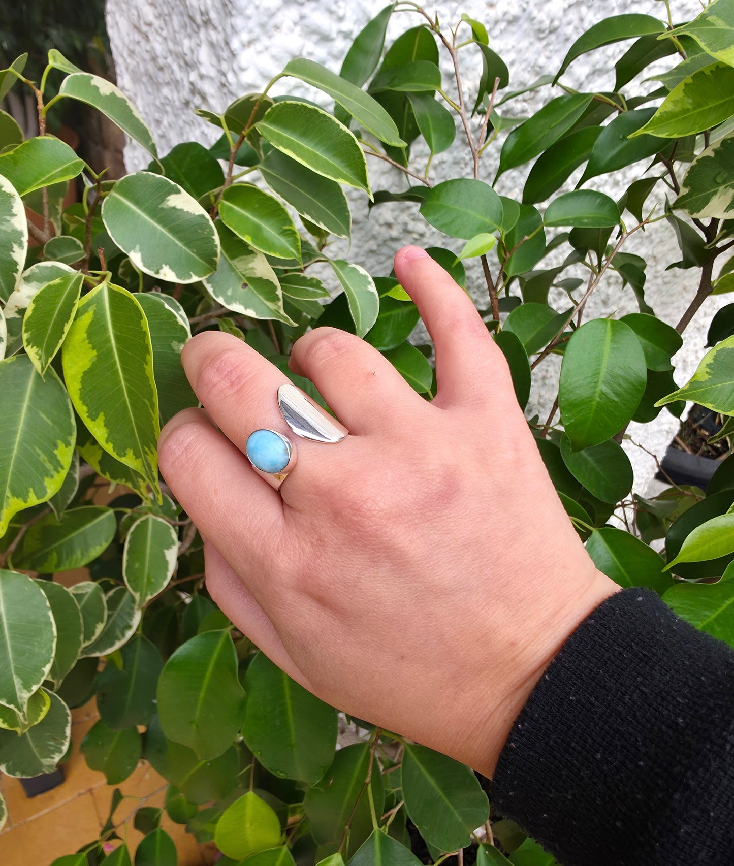Anillo de plata de ley 925 con larimar 18 mm, paz y equilibrio