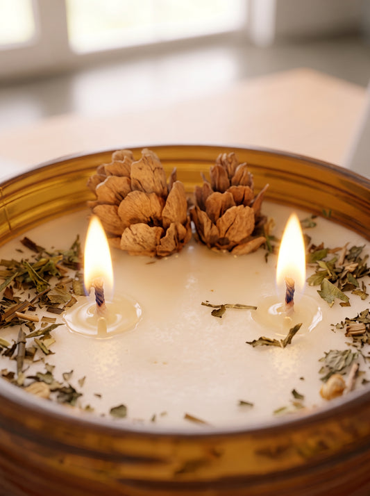 Vela Christmas Spirit artesanal en tarro ámbar con decoración natural encendida