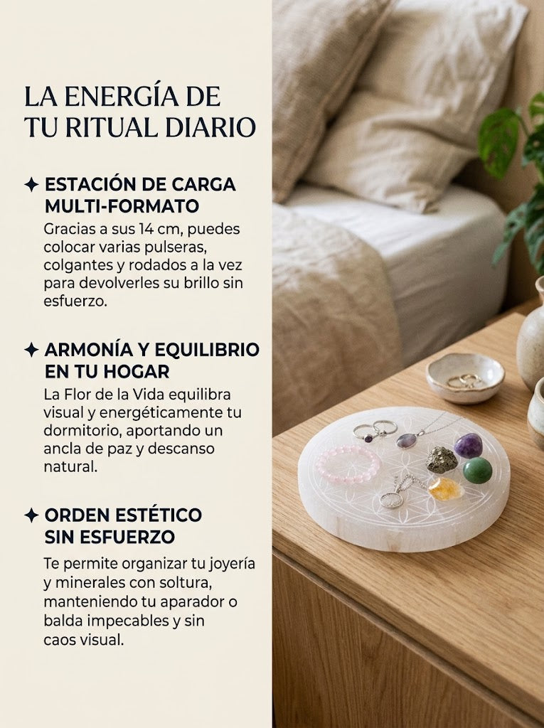Placa de Selenita · Flor de la Vida · 140 mm