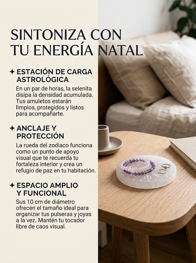 Placa de Selenita con Zodiaco (100 mm aprox.) · Limpieza y recarga de minerales