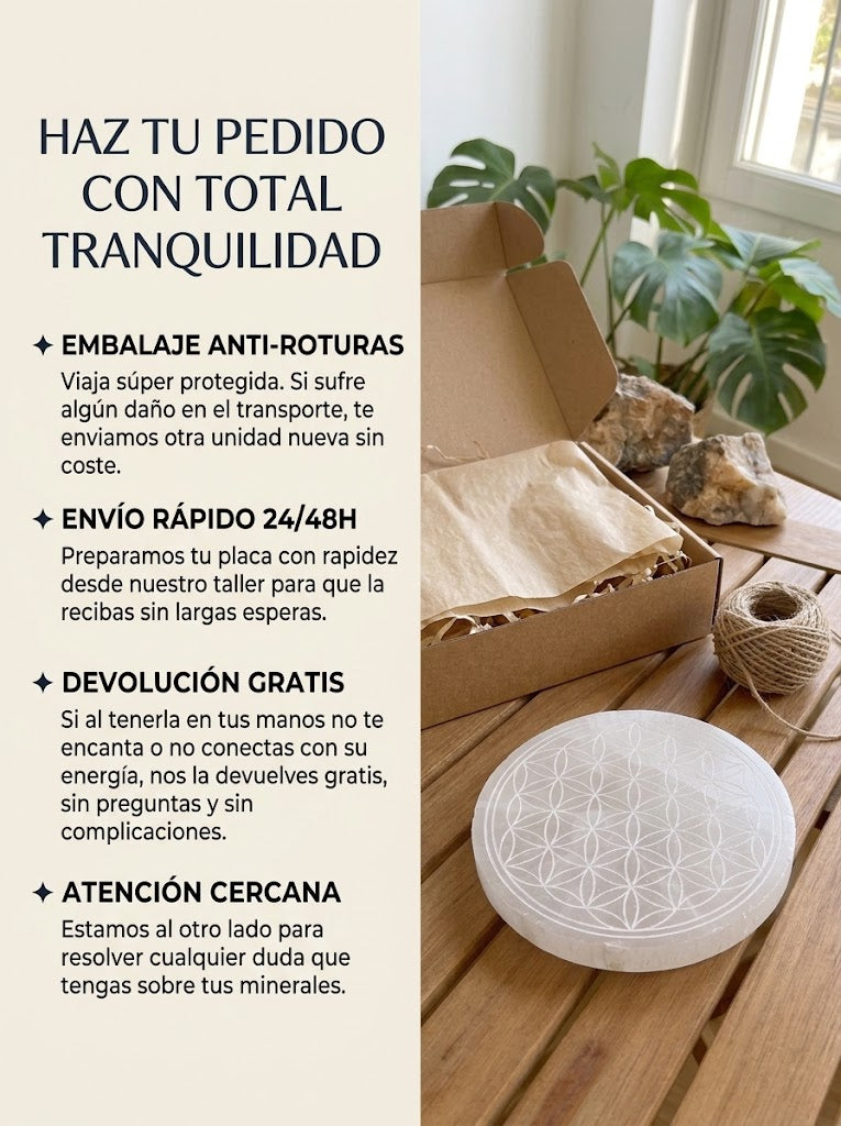 Placa de Selenita · Flor de la Vida · 140 mm