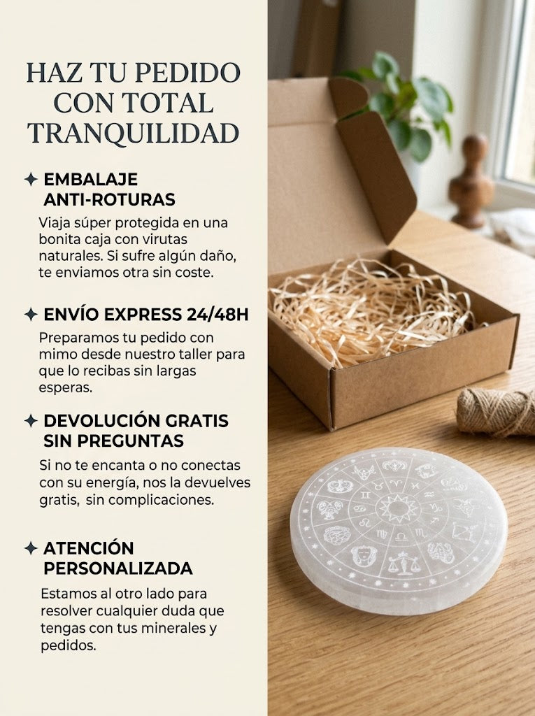 Placa de Selenita con Zodiaco (100 mm aprox.) · Limpieza y recarga de minerales