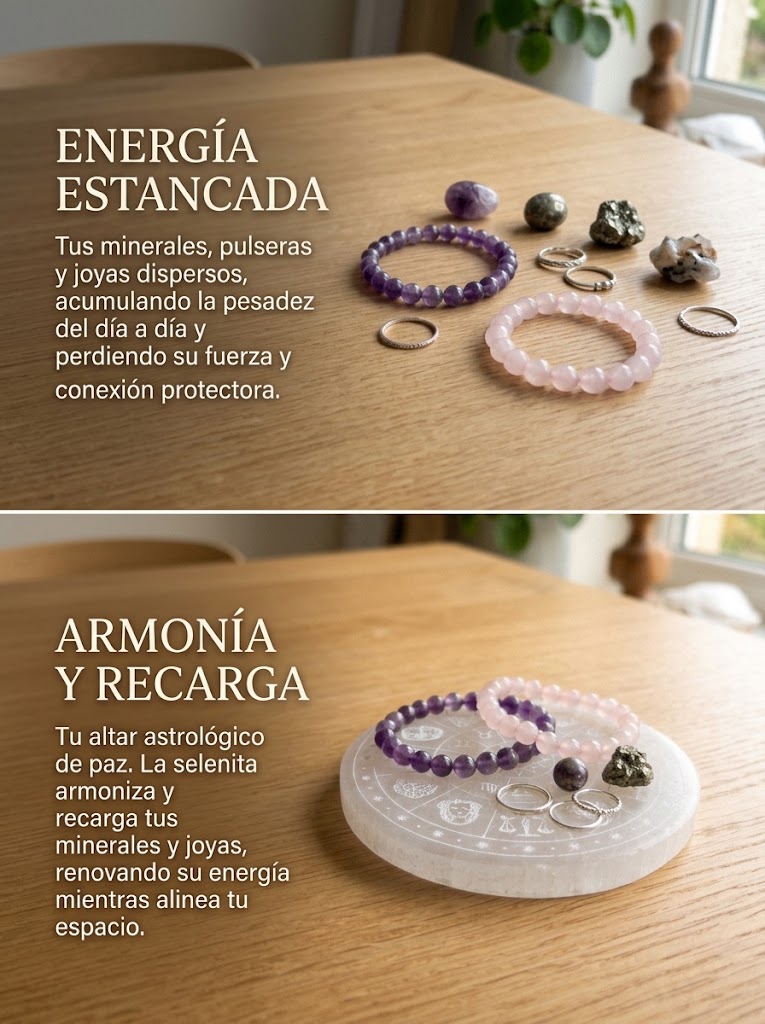 Placa de Selenita con Zodiaco (100 mm aprox.) · Limpieza y recarga de minerales