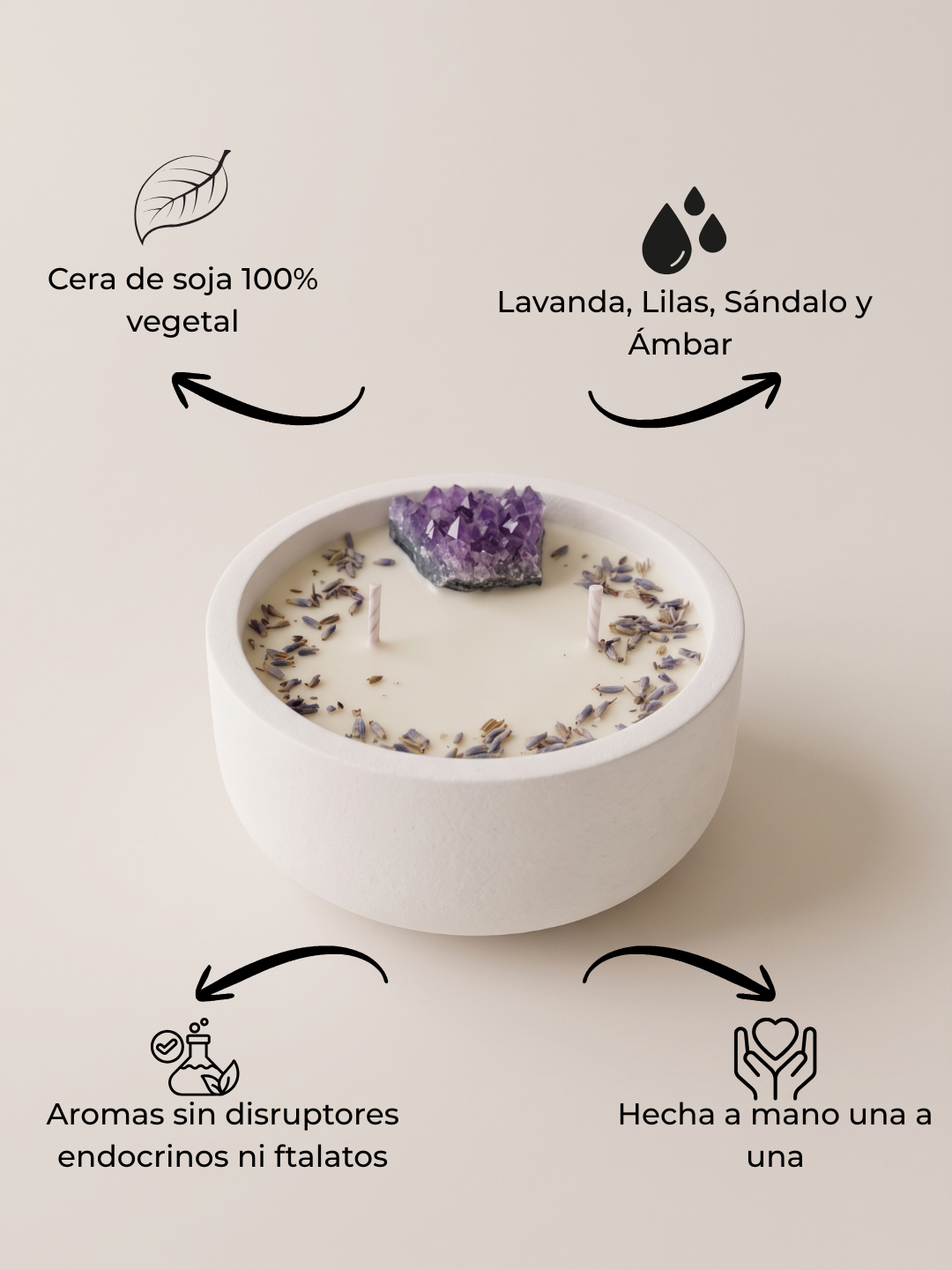 Vela aromática artesanal Amethyst, con drusa de amatista calidad beneficios