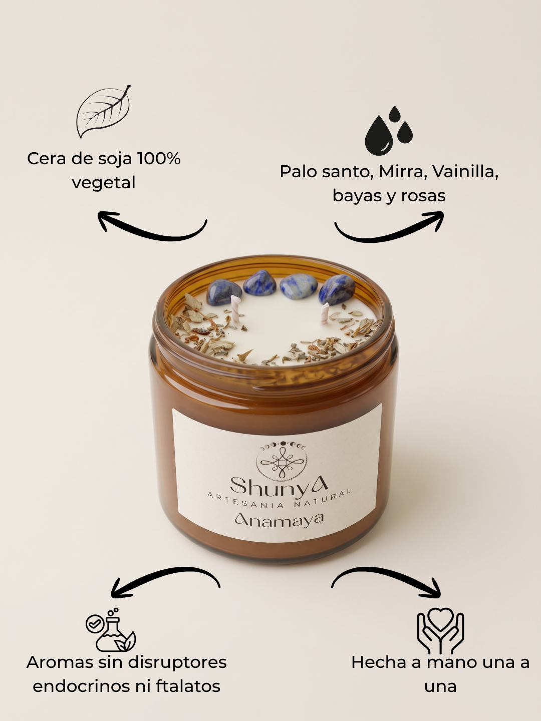 vela aromática artesanal Anamaya, decorada con rodados de sodalita y una sinergia de aromas de palo santo, vainilla, maderas, orégano, mirra, mandarina, rosas y bayas ficha beneficios