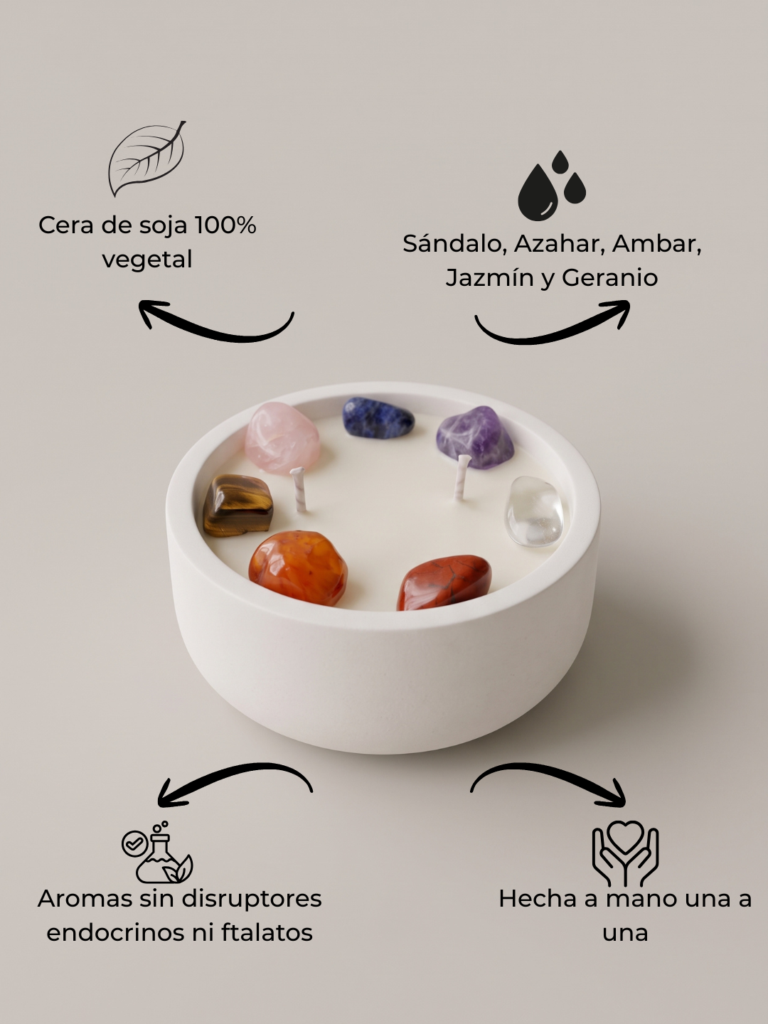 Detalle vela aromática Chakra Essence con 7 rodados que representan los 7 chakras ficha beneficios