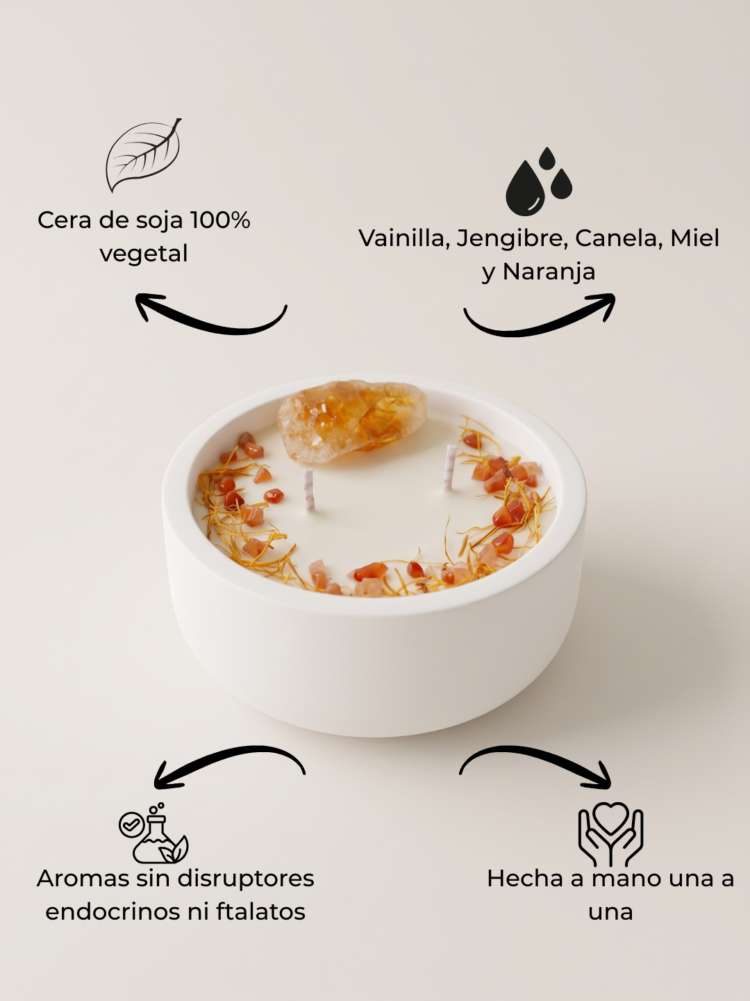 Vela aromática artesanal Eternal Glow con citrino en bruto, piedra sol y pétalos de caléndula ficha beneficios