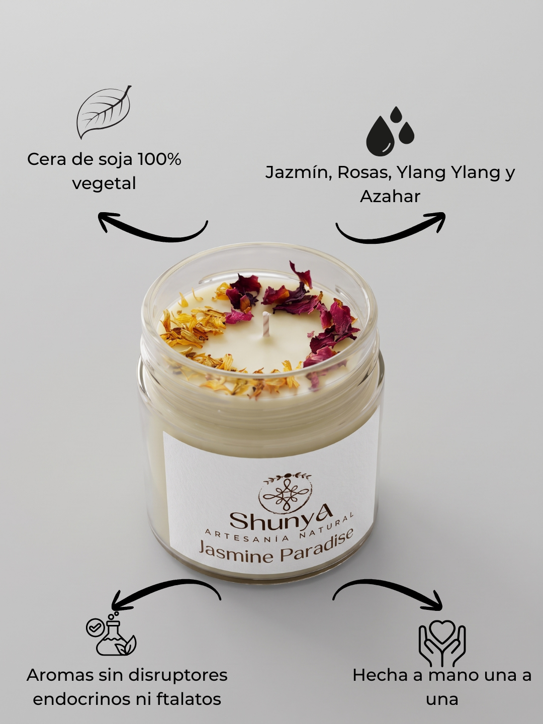 Vela aromática artesanal Jasmine Paradise de cera de soja, con aroma natural a jazmín y rosas, elaborada a mano en tarro elegante ficha beneficios