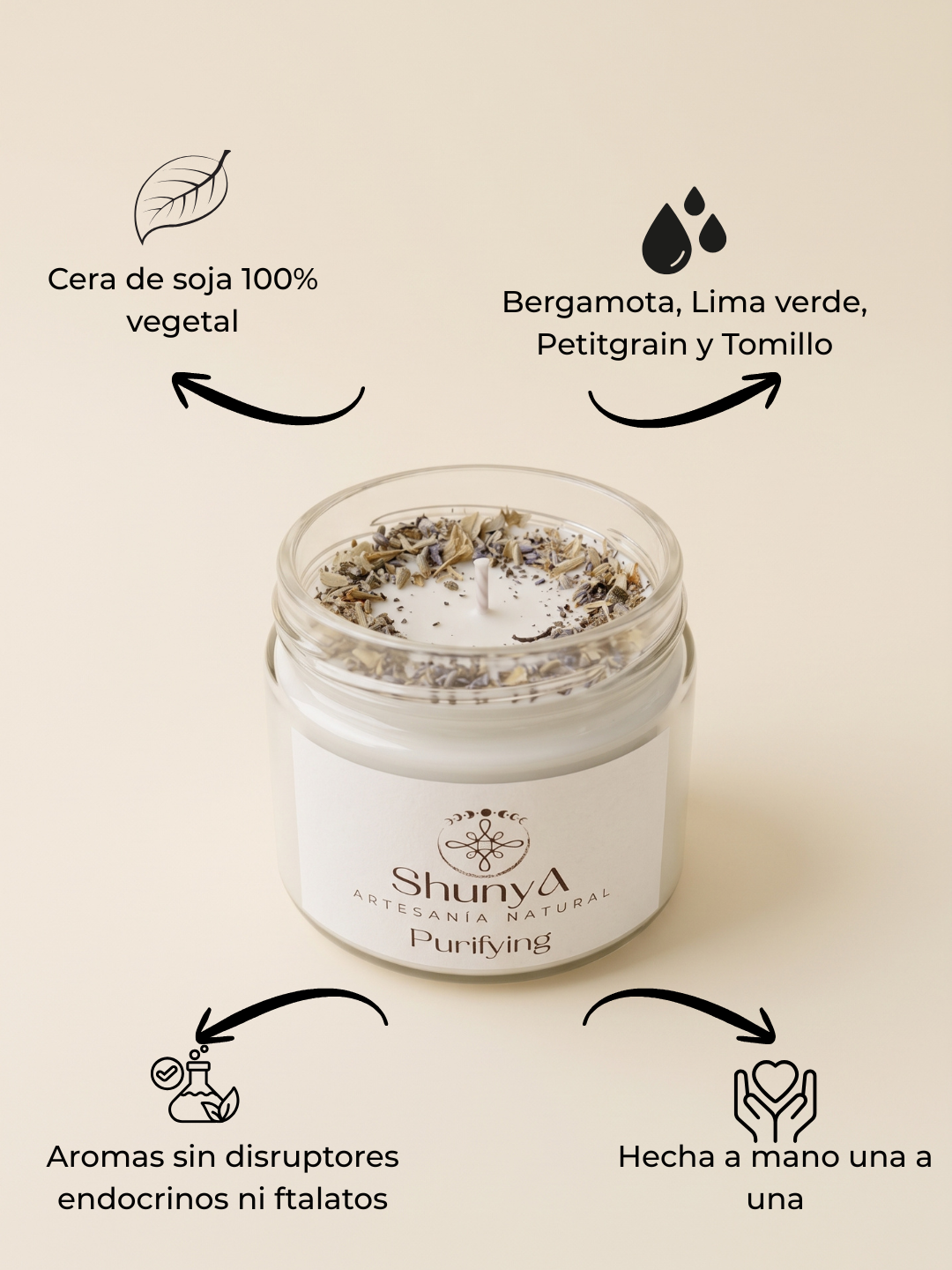 Vela aromática artesanal Purifying de cera de soja, elaborada a mano, aroma natural purificante para armonizar espacios. Ficha beneficios