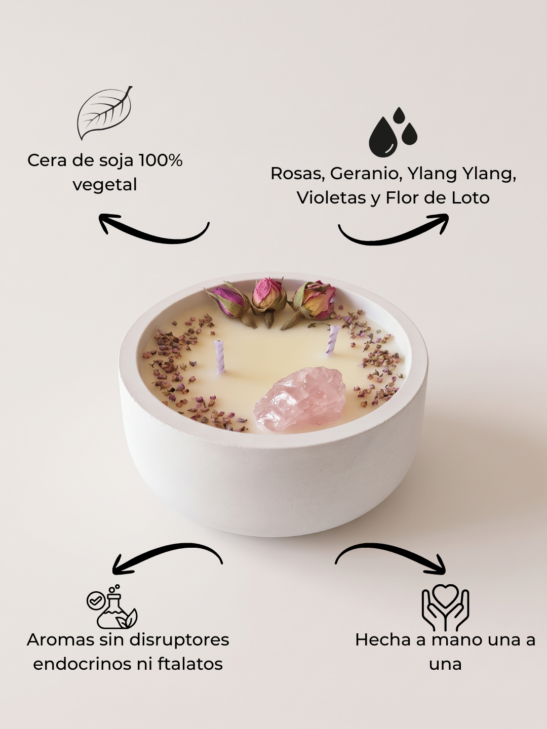 Vela aromática Rose Quartz. Decorada con pétalos de rosas y Cuarzo Rosa en bruto. Sinergia de rosas. Ficha beneficios