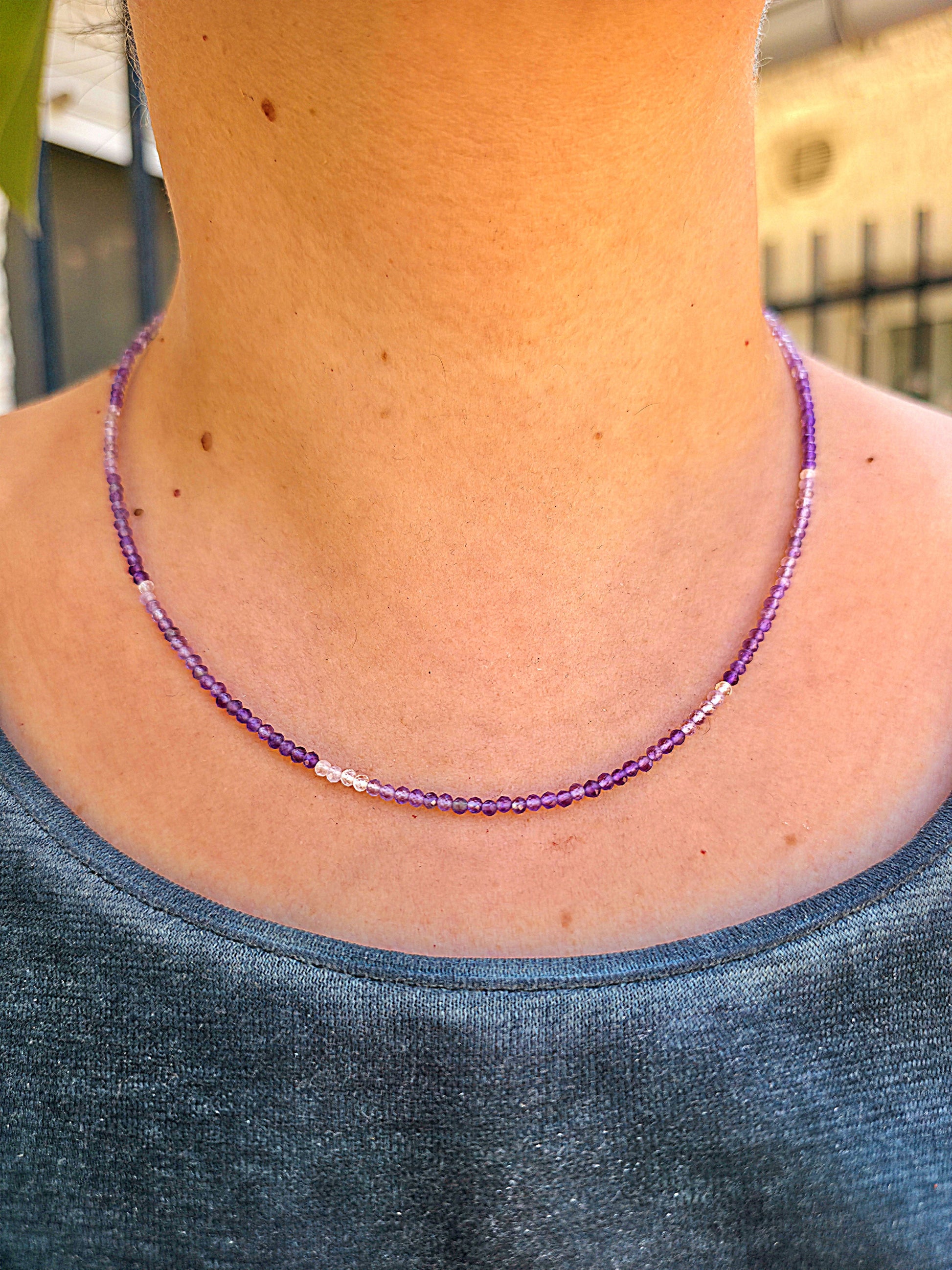 collar de cuentas facetadas de amatista natural plata de ley
