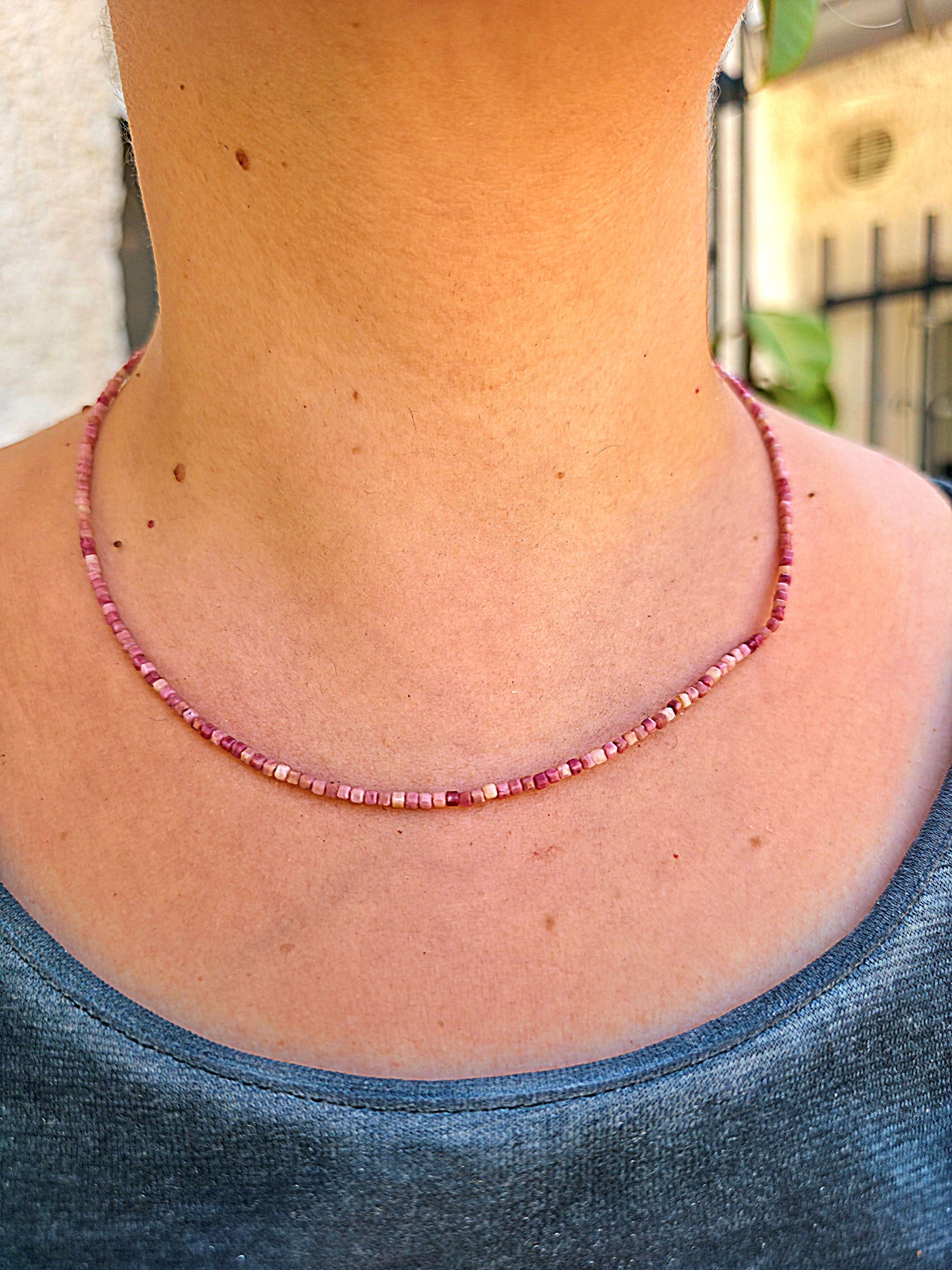 collar de cuentas facetadas de rodonita natural plata de ley