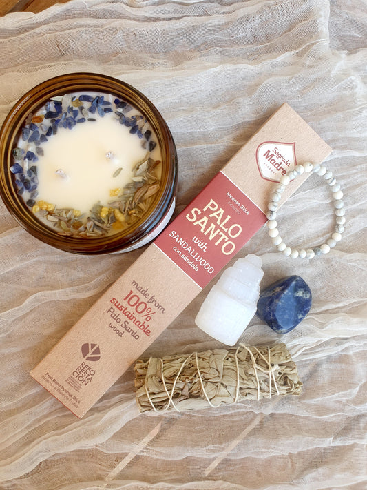 Pack Ancla de Paz con vela Anamaya, minerales, incienso y sahumerio para meditación y equilibrio interior.