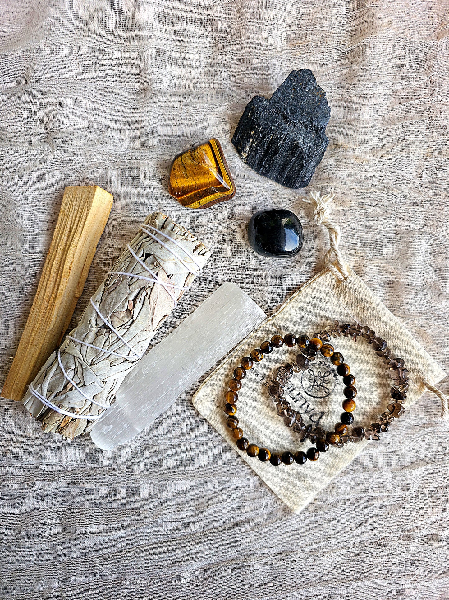pack proteccion energetica turmalina ojo de tigre obsidiana cuarzo ahumado selenita