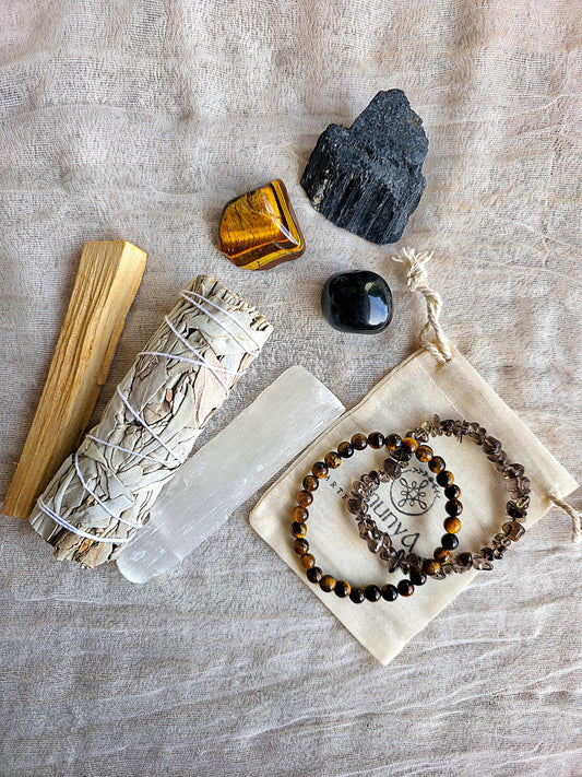 pack proteccion energetica turmalina ojo de tigre obsidiana cuarzo ahumado selenita