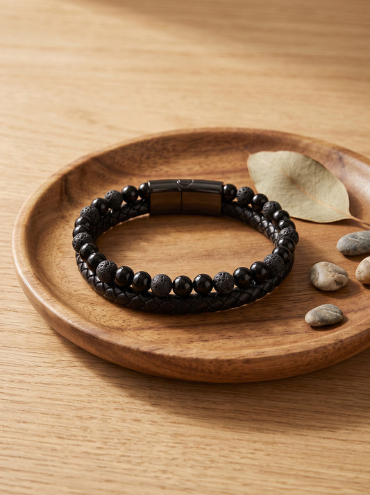 Pulsera Aska de cuero negro con lava volcánica y shungita – vitalidad y protección energética 1