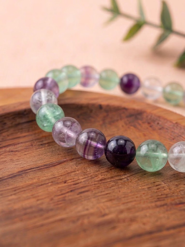 Pulsera de fluorita natural verde y violeta cuentas 6 mm pulsera energética para concentración y claridad mental 3