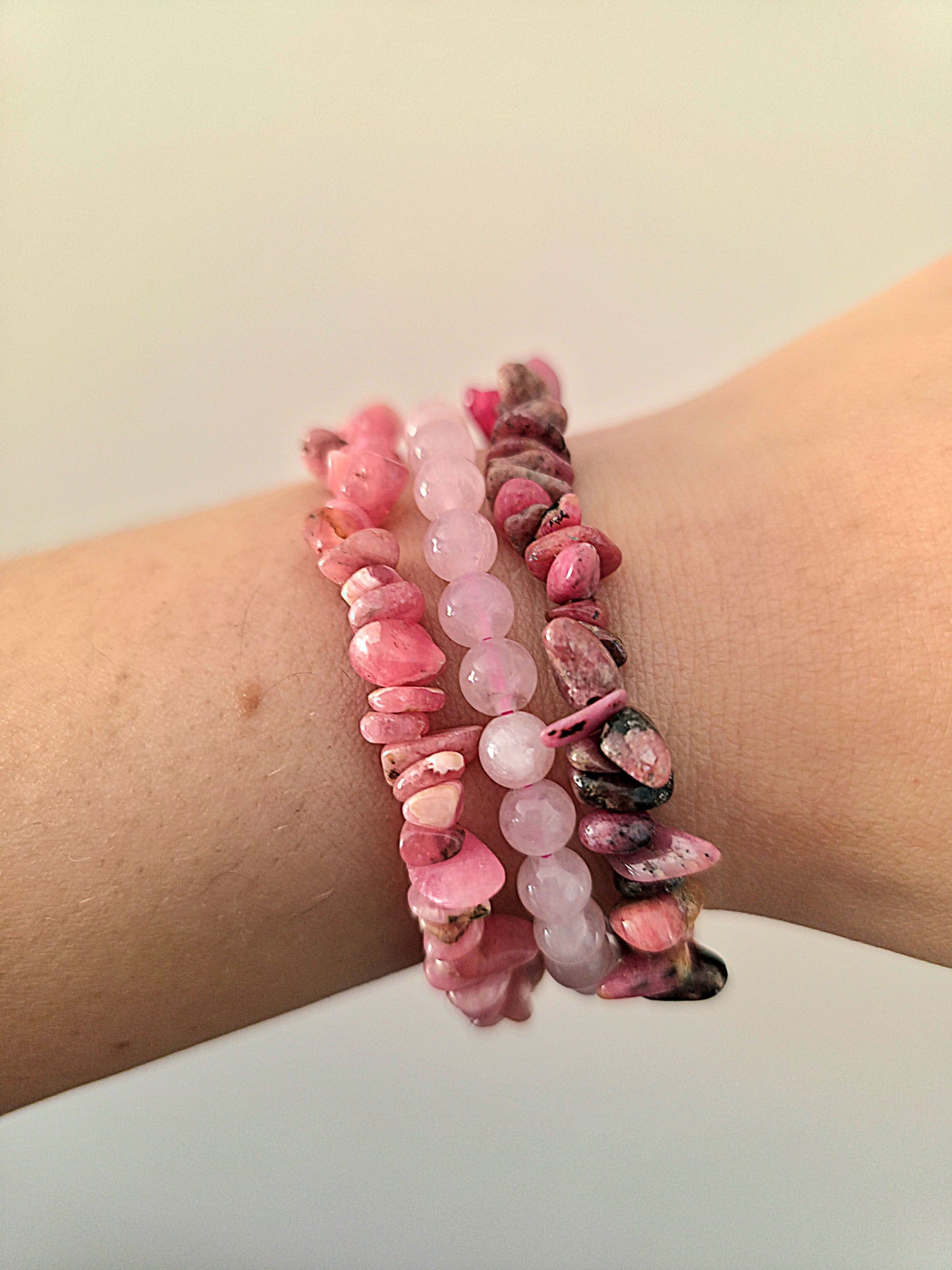 trio pulseras amor propio cuarzo rosa rodonita rodocrosita