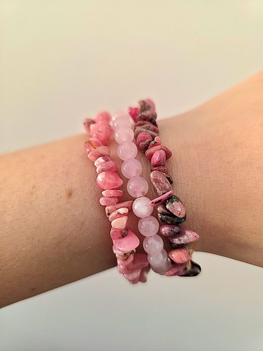 trio pulseras amor propio cuarzo rosa rodonita rodocrosita