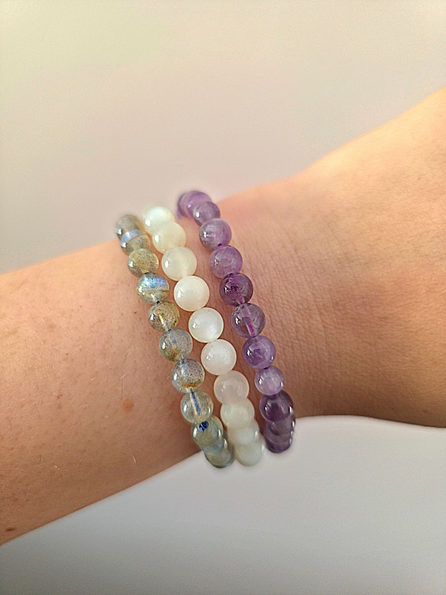 trio pulseras intuicion sabiduria amatista piedra luna labradorita