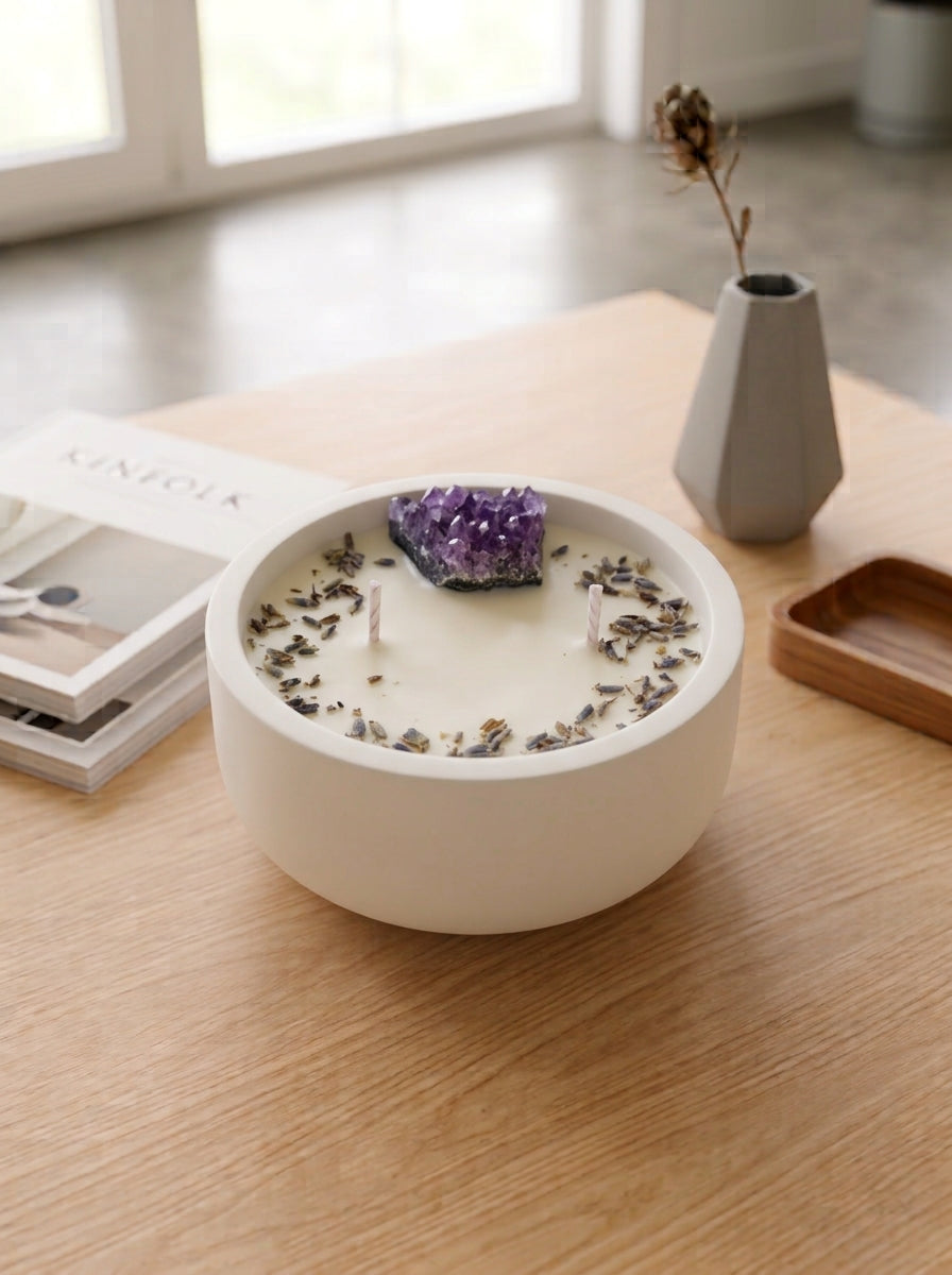 Vela aromática artesanal Amethyst, con drusa de amatista calidad extra foto 1