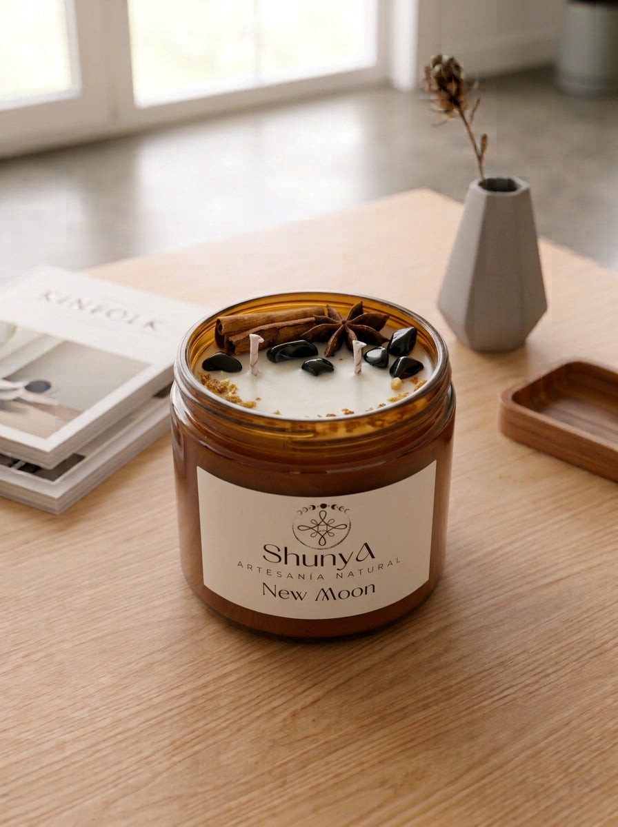 Vela aromática artesanal New Moon de cera de soja ecológica, hecha a mano, perfecta para nuevos comienzos. Apagada